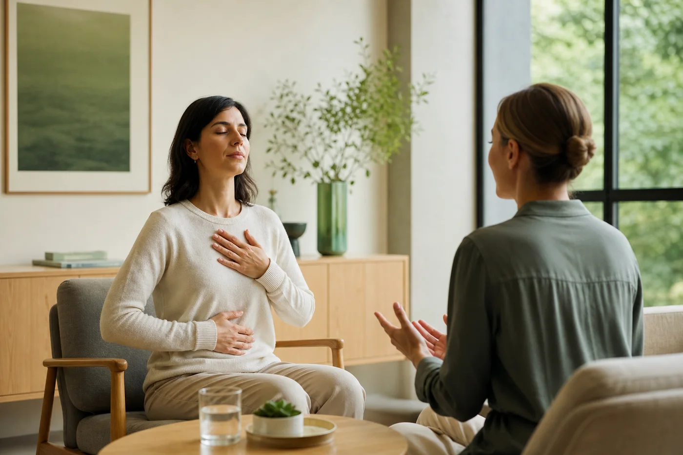 Guided breathing exercise in a calm setting
